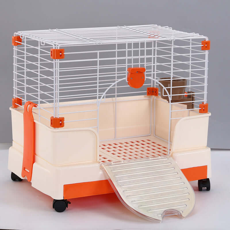 Affordable small orange pet rabbit cage with potty tray, wheel, and durable metal construction for guinea pigs.