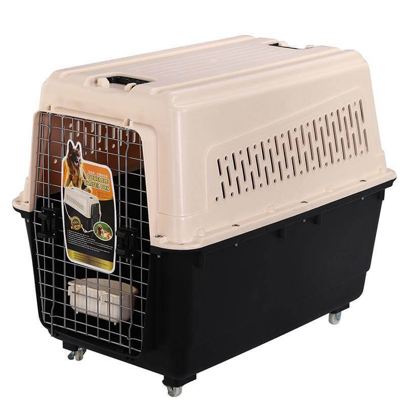 XXXL lightweight plastic pet carrier with wheels, spacious design for dog and cat transport, includes tray and bowl.