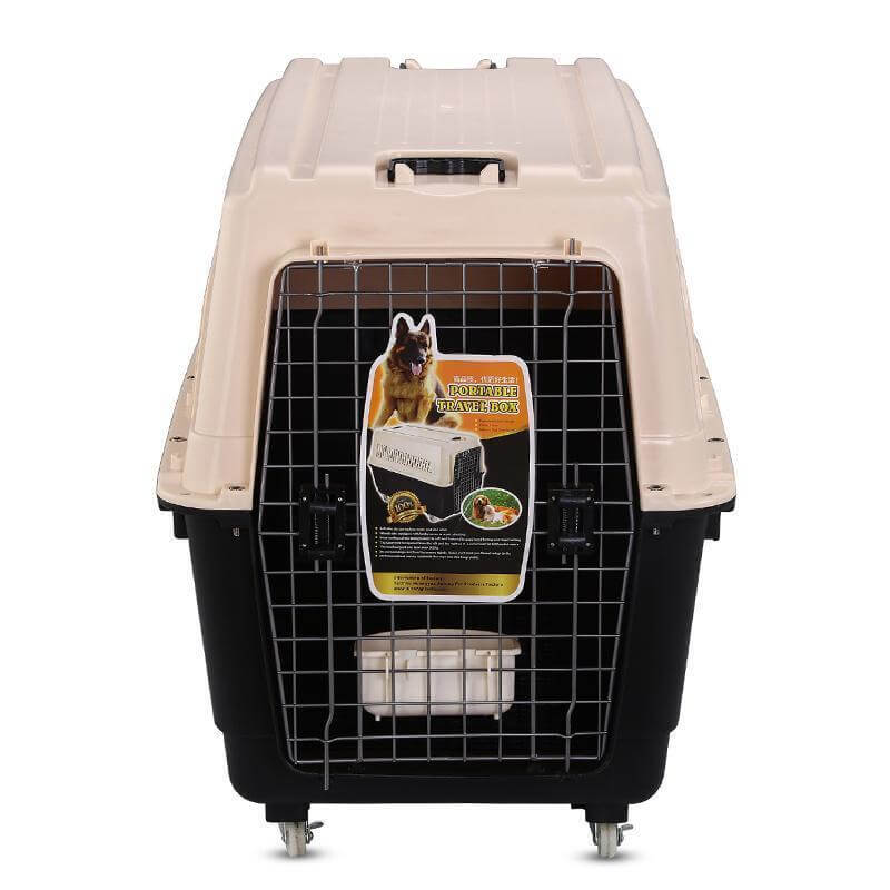 XXXL Plastic Pet Dog Carrier with wheels, tray, and bowl, durable and lightweight for pets.