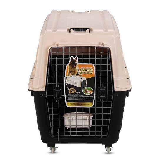 XXXL Plastic Pet Dog Carrier with wheels, tray, and bowl, durable and lightweight for pets.