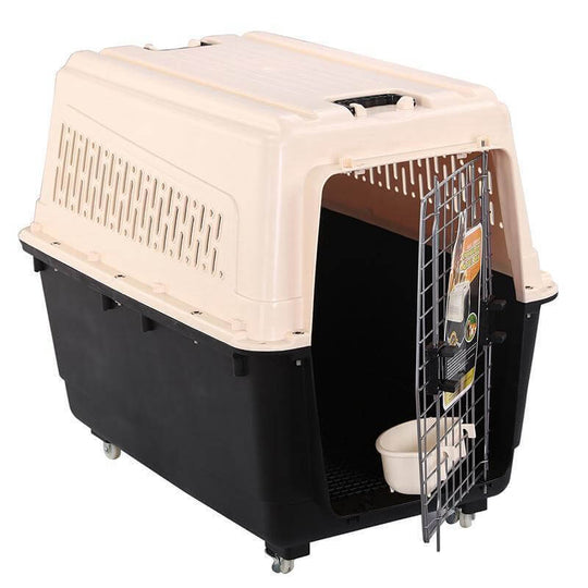 XXXL plastic pet carrier with wheels, secure door lock, and tray for dogs and cats, ideal for travel.