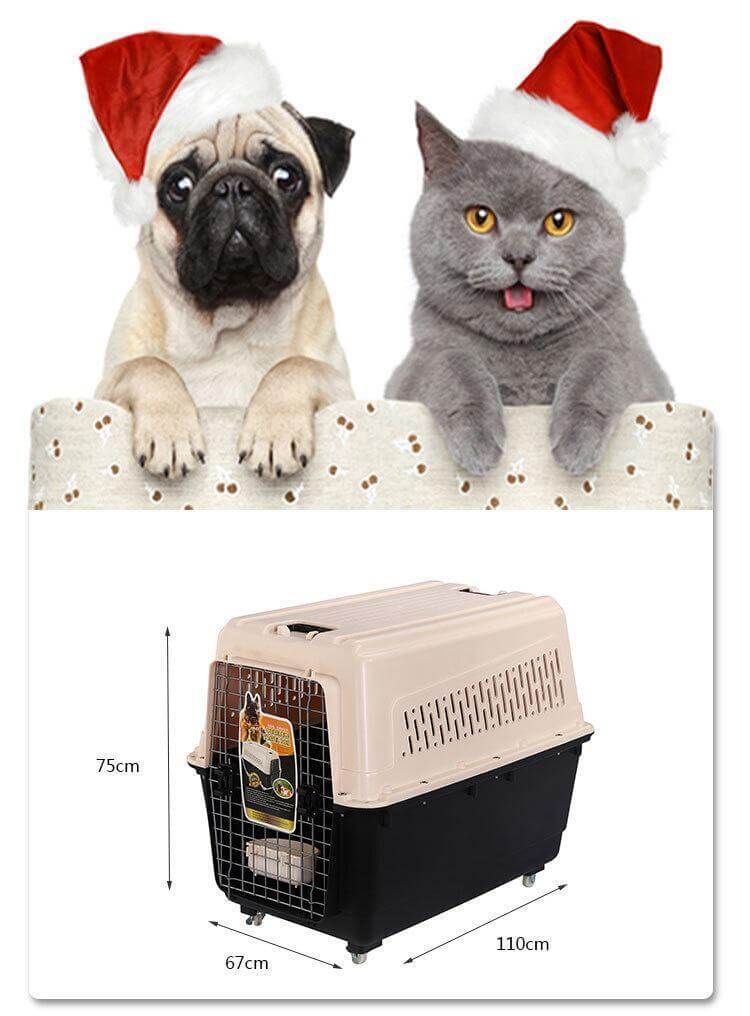 XXXL plastic pet carrier for dogs and cats, featuring wheels, tray & bowl, with festive pets wearing Christmas hats.