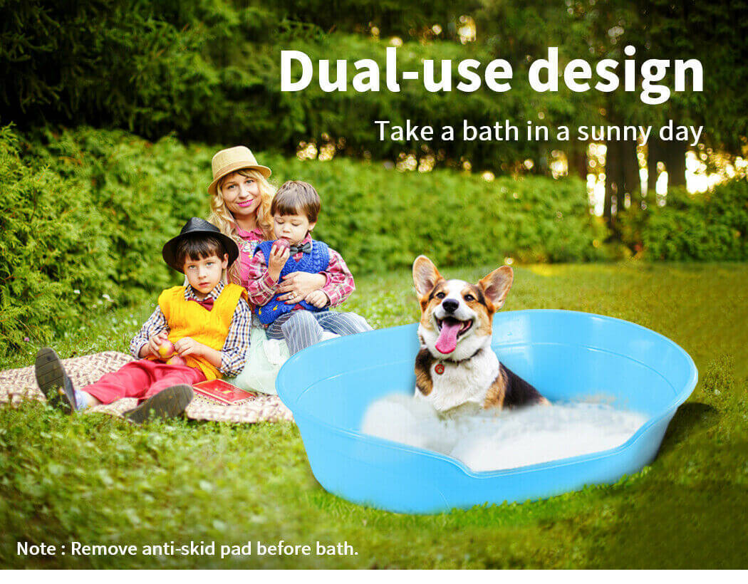 Family enjoying a sunny day with a dog in a bath using a dual-use pet bed designed for relaxation and bathing.