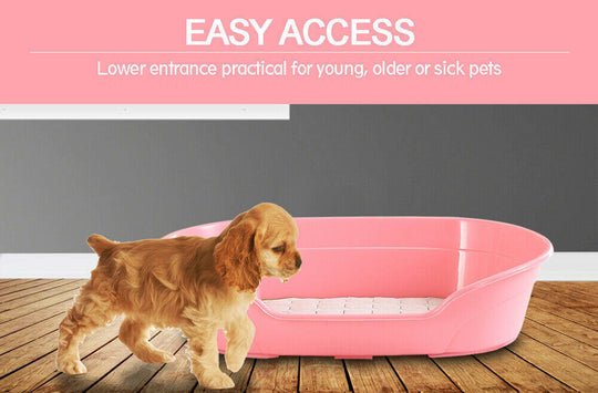 Pink pet bed with low entrance for easy access, ideal for young or sick pets; stylish and durable design.