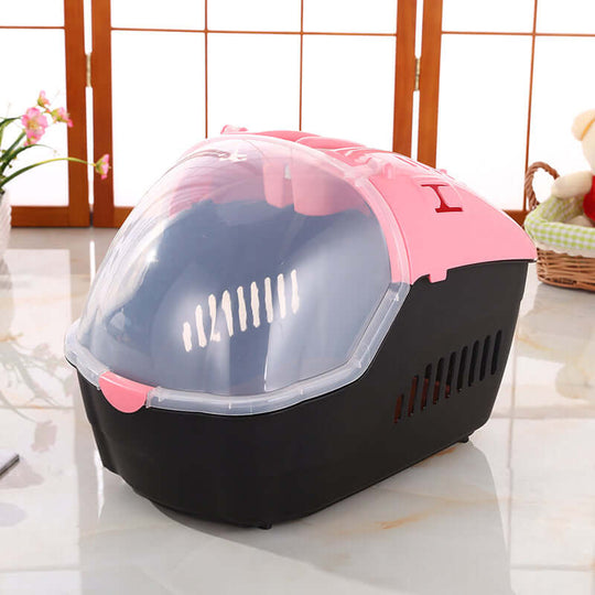 Affordable small portable travel dog cat crate carrier with mat, pink design and ergonomic handle for easy storage.