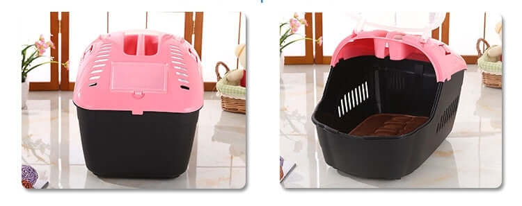 Portable pink and black pet carrier crate for small dogs and cats, featuring ventilation slots and ergonomic handle.