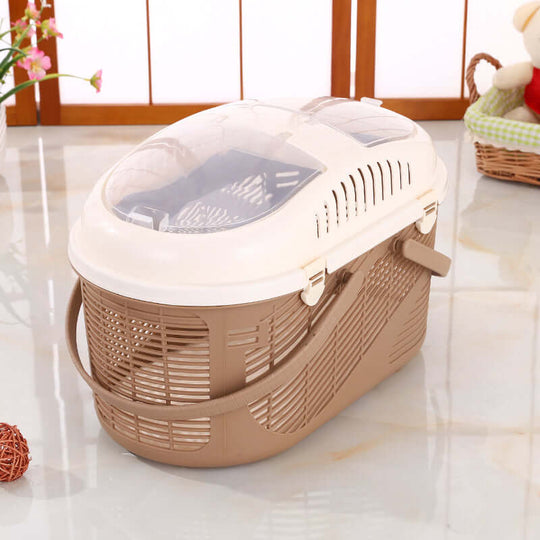 YES4PETS Small Dog Cat Carrier Cage in brown with transparent top, ideal for travel and ventilation.