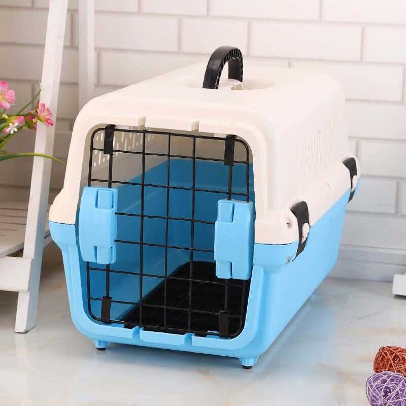 YES4PETS small portable dog cat carrier in blue with tray, lightweight, affordable quality pet travel cage.