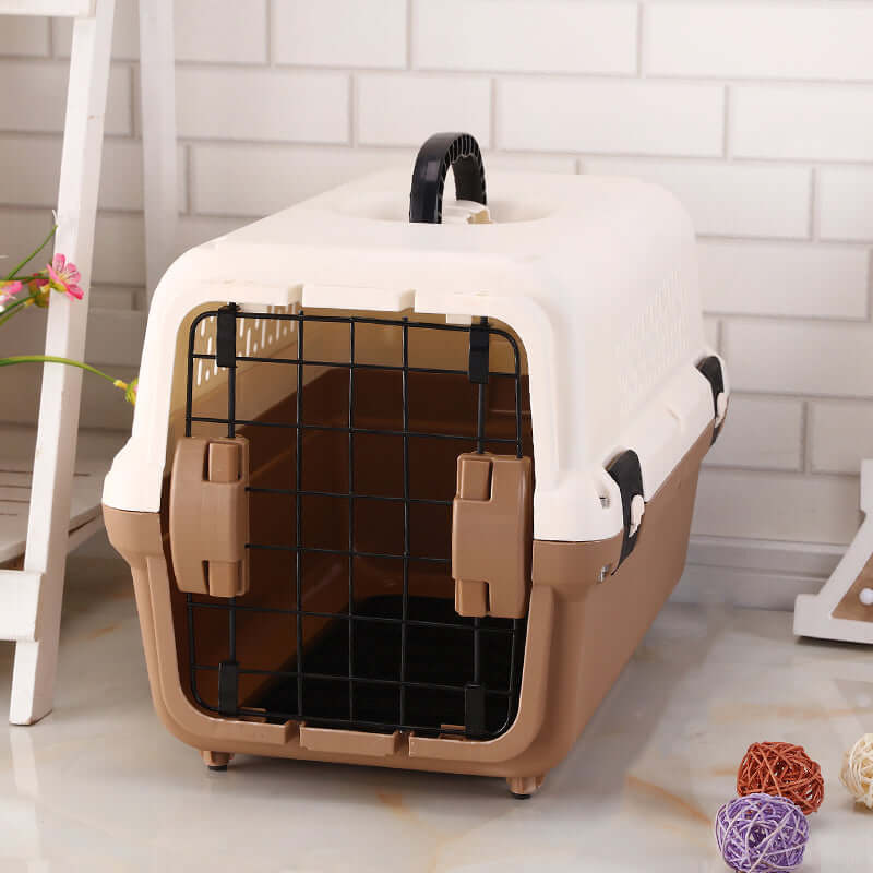 YES4PETS small portable plastic pet carrier in brown, lightweight and durable, perfect for travel with cats and small dogs.