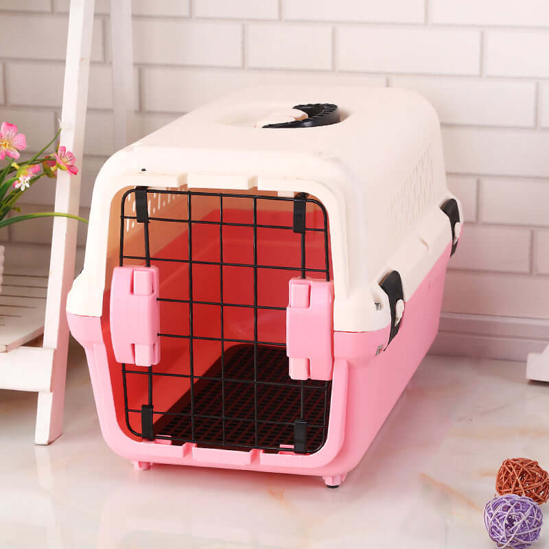 YES4PETS small portable plastic pet carrier in pink, lightweight and durable with double door lock for travel.