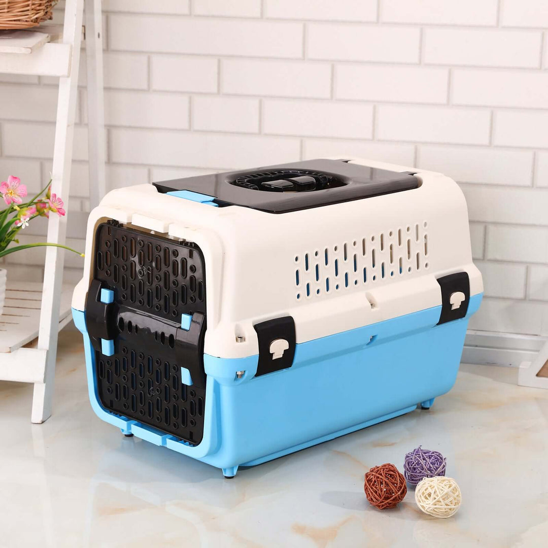 Affordable blue pet crate carrier for dogs and cats, featuring a secure design and ventilation slots.