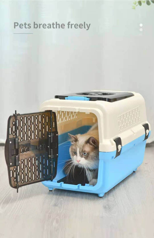 Lightweight blue pet carrier with breathable design, ideal for cats and small dogs, promoting comfort during travel.