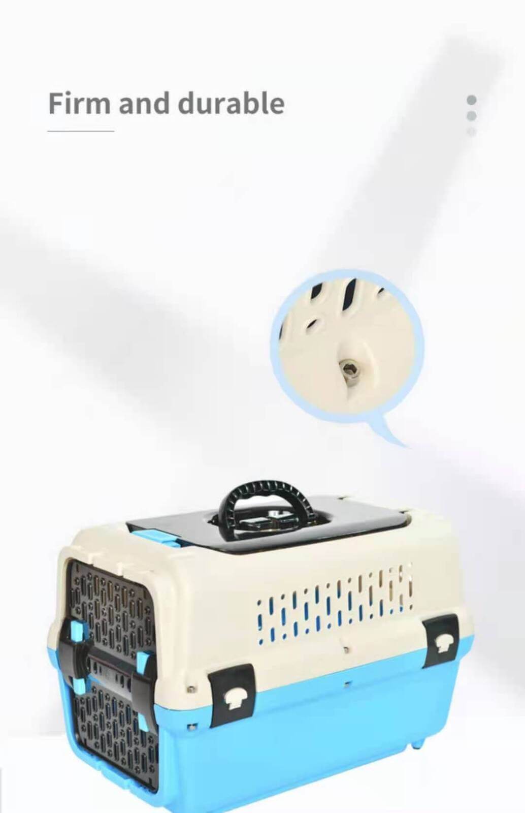 Durable medium dog and cat crate carrier in blue with ergonomic handle and ventilation slots.