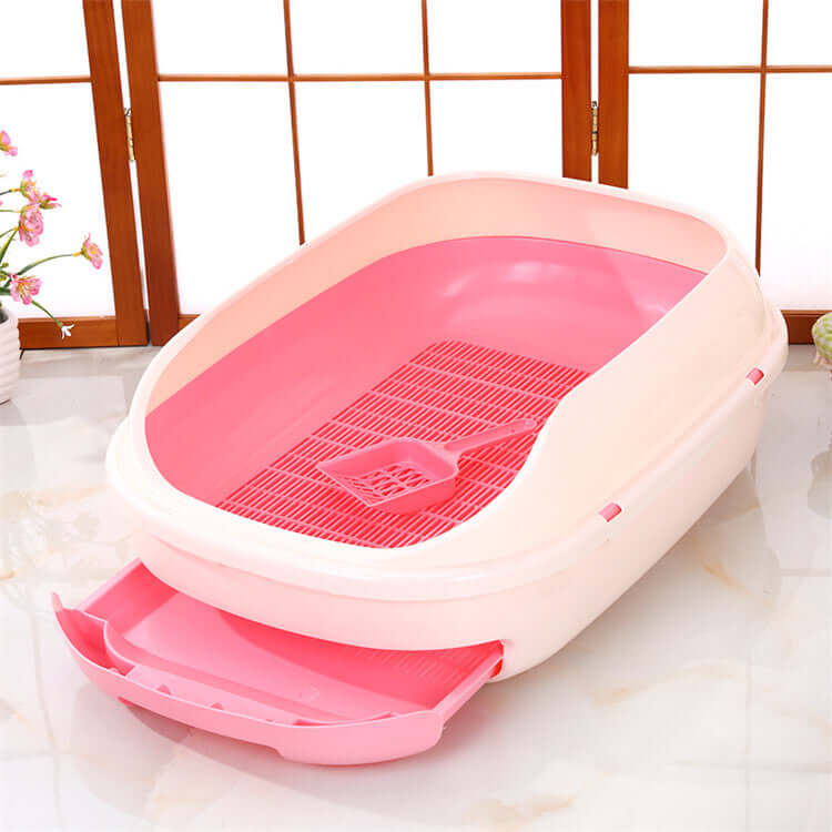 Large pink portable cat litter box tray with scoop, designed for easy cleaning and mess prevention.