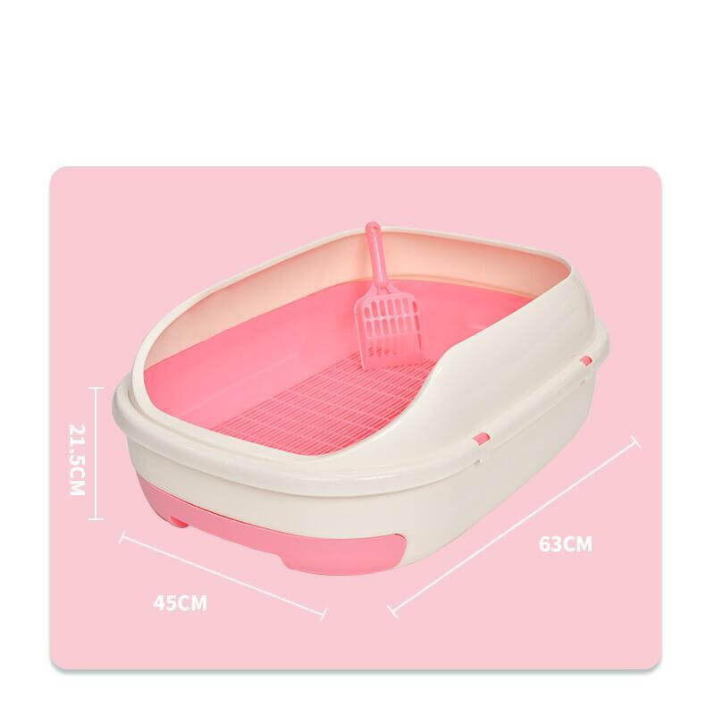 Large portable cat toilet litter box in pink with scoop, high walls, and dimensions for mess-free use.