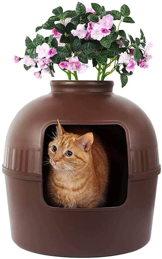 YES4PETS multifunctional semi-enclosed cat litter box in brown with faux plant, providing affordable quality for pets.