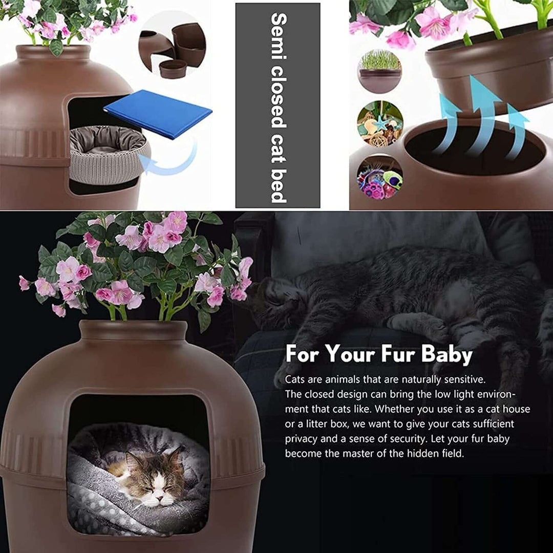 Semi-enclosed cat litter box styled like a clay pot with a cozy bed for cats, promoting affordable and quality DIY pet care.