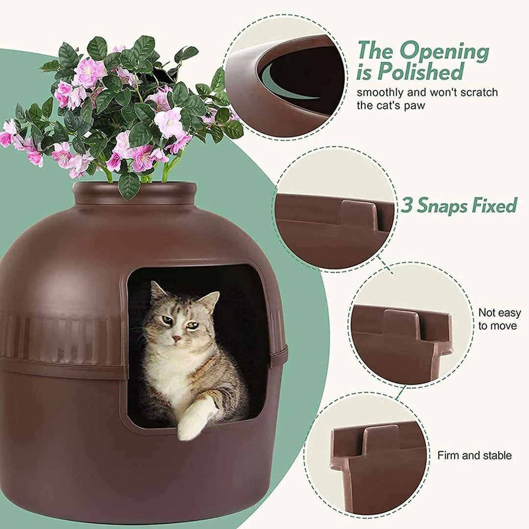 YES4PETS brown multifunctional cat litter box with polished opening and cat inside, resembling a clay pot, affordable quality pet house.