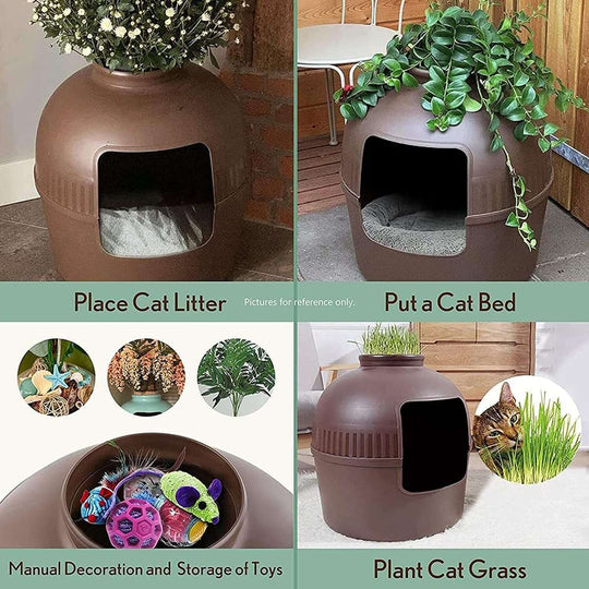 YES4PETS multifunctional cat litter box, semi-enclosed design, brown, with plant pot aesthetic and toy storage options.