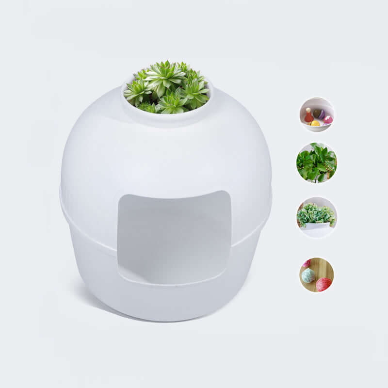 Multifunctional white cat litter box with a plant on top, designed for quality and affordable pet care.