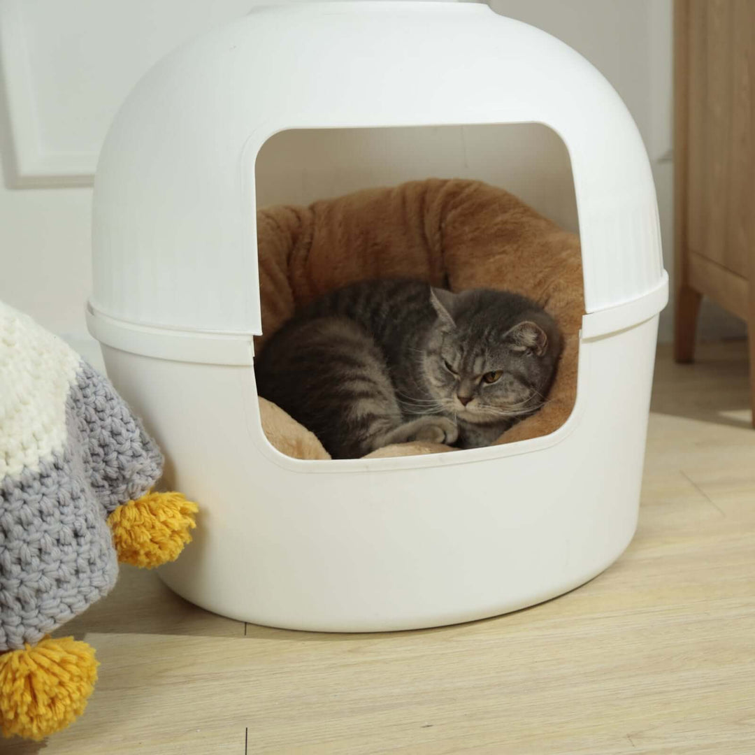 Grey cat resting in a semi-enclosed white multifunctional cat litter box with a cozy interior. Affordable and quality pet furniture.