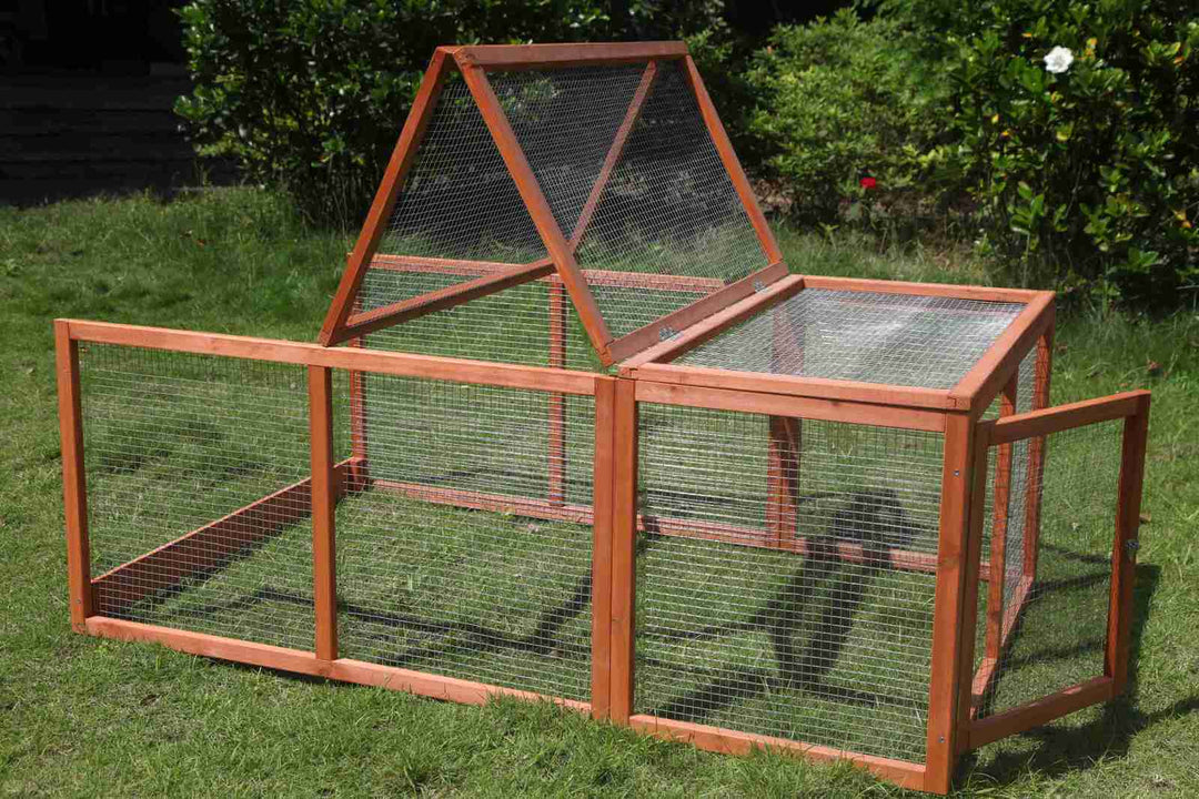 Outdoor chicken coop run made of natural fir wood with mesh wire, ideal for small animals like guinea pigs and rabbits.