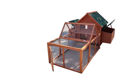 XL Chicken Coop Rabbit Hutch with run in natural fir, ideal for chickens, rabbits, and ferrets.