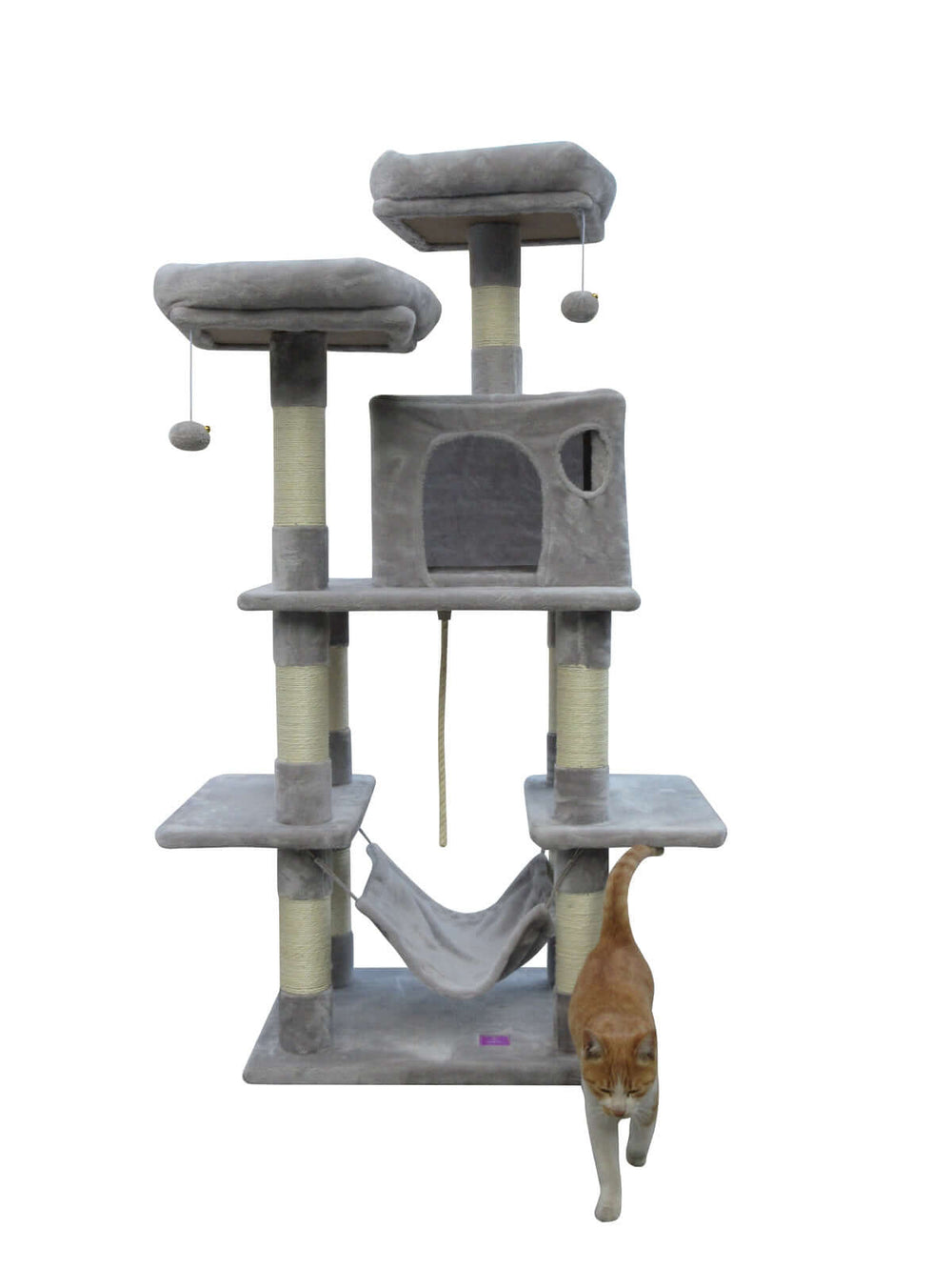 Affordable little grey cat scratching post tree with multiple platforms and cozy bed cube for climbing and resting.