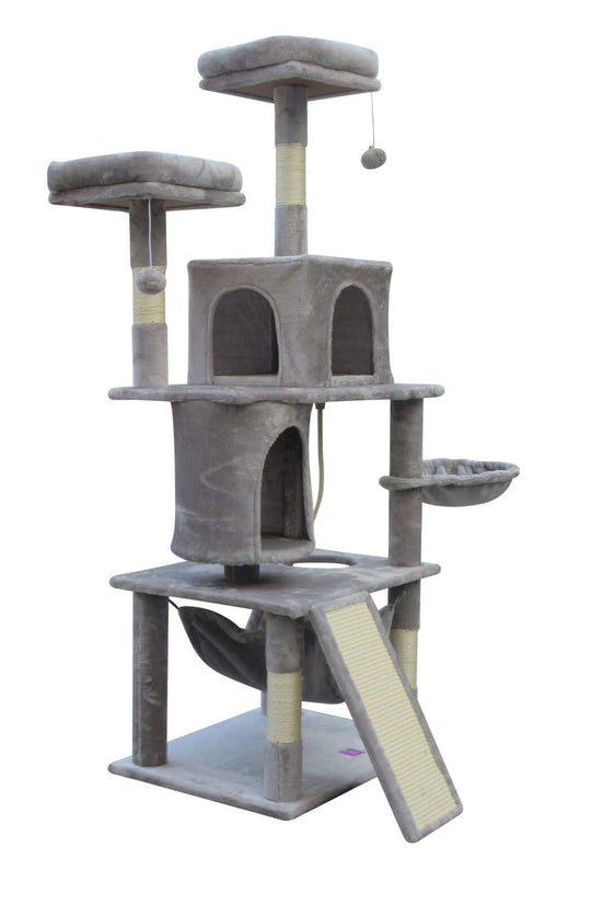 YES4PETS Large Cat Scratching Post Tree in grey, featuring multi-level platforms, natural sisal poles, and plush resting areas.