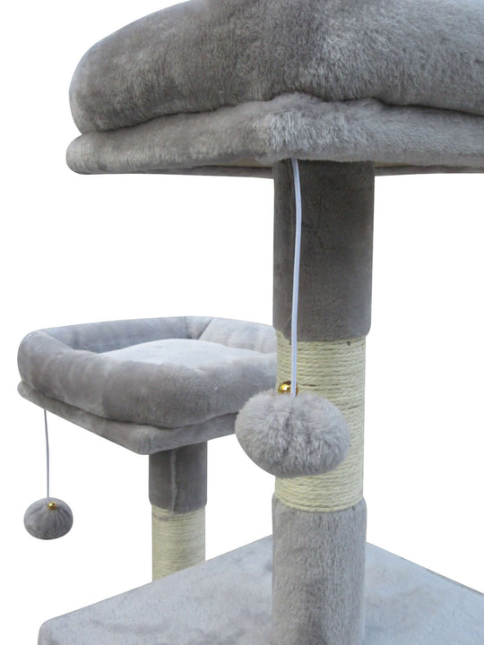 YES4PETS large cat scratching post with plush grey surfaces, sisal poles, and hanging pom-poms for climbing and play.