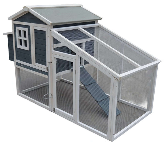 Large chicken coop and rabbit hutch with mesh wire, wooden perch, and waterproof roof, ideal for pets.