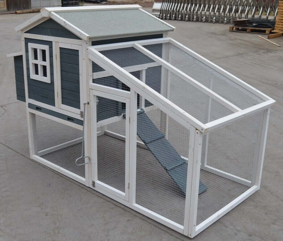 Large chicken coop and rabbit hutch with mesh wire, removable perch, and sloped roof, perfect for pets.