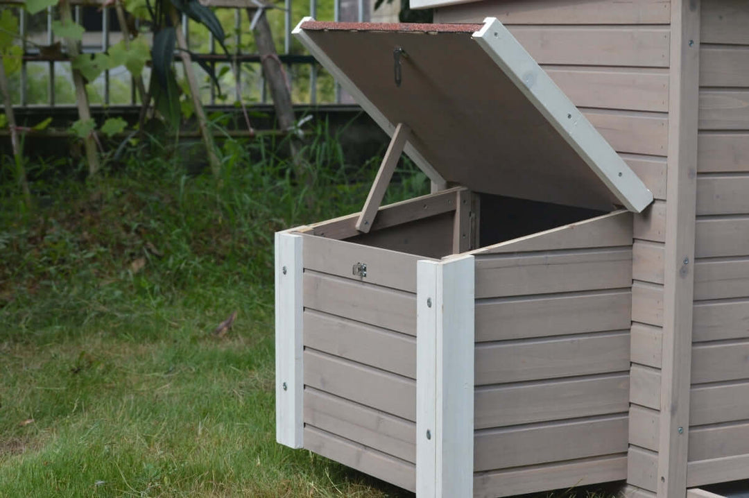 YES4PETS XL Chicken Coop grey wood pull-out tray for easy cleaning in a grassy yard.