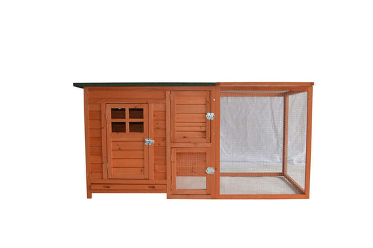 Large wooden chicken coop with mesh wire enclosure, suitable for small animals, affordable DIY housing solution.