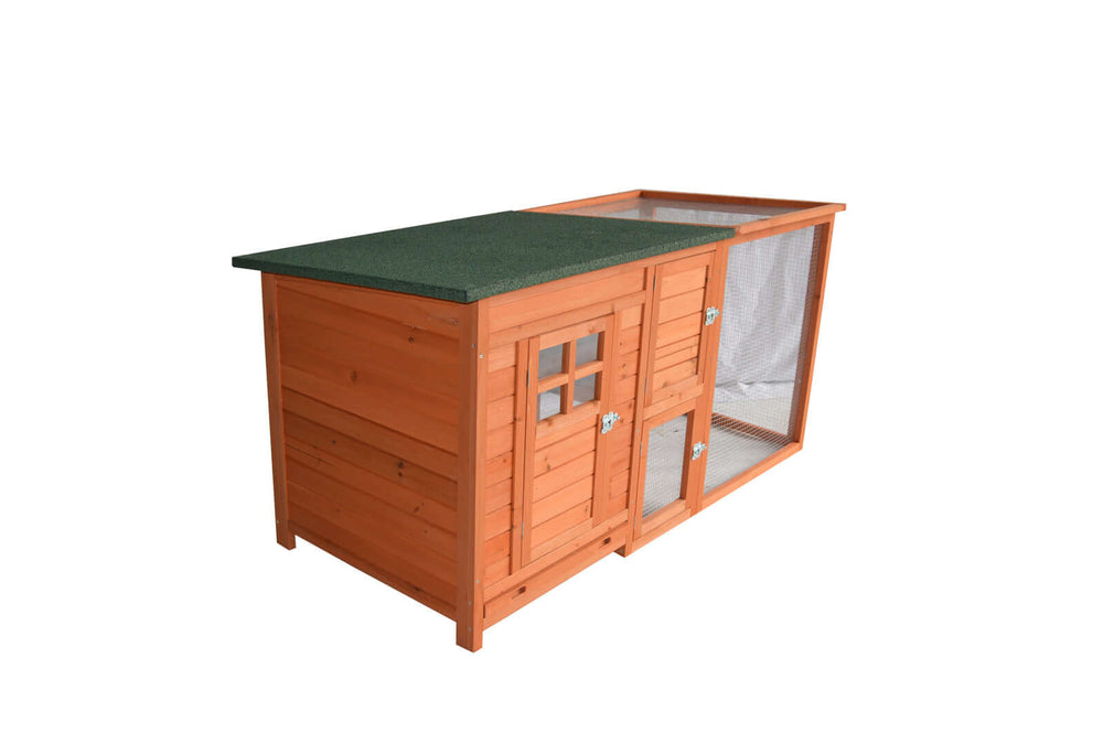 Large wooden chicken coop and rabbit hutch with mesh wire and easy access, suitable for small animals.