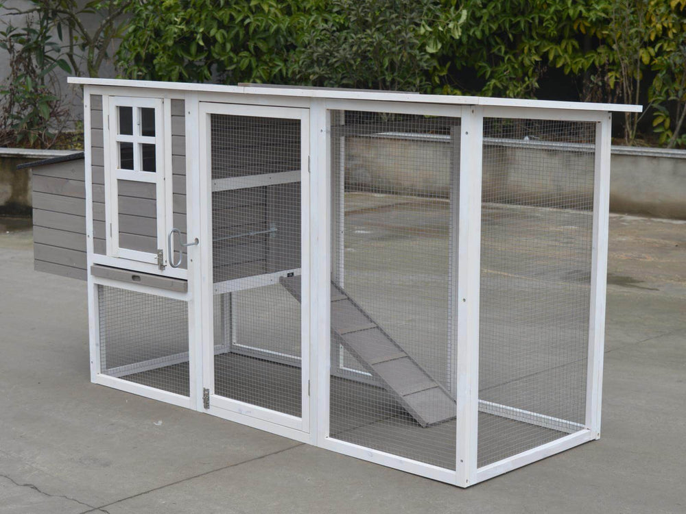 Large grey chicken coop with multiple sections and mesh wire, suitable for rabbits, cats, and chickens.