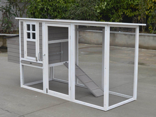 Large grey chicken coop with multiple sections and mesh wire, suitable for rabbits, cats, and chickens.