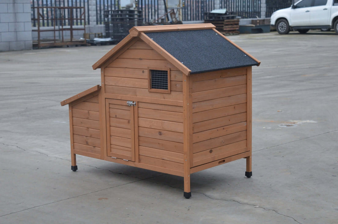 Affordable brown chicken coop and rabbit hutch with waterproof roof and easy clean design.