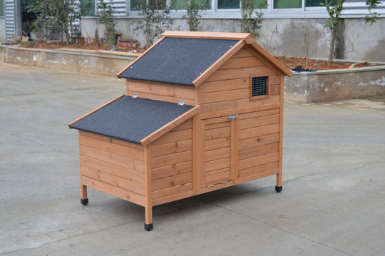 Affordable brown chicken coop rabbit hutch with asphalt roof and easy-clean design for up to 6 chickens.