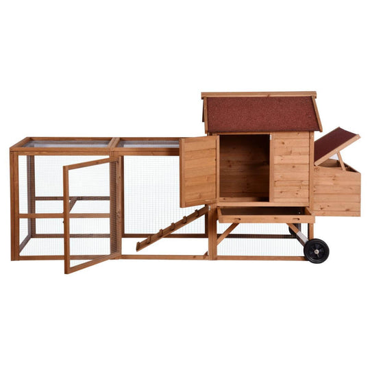 XL chicken coop with wheels, wooden structure, suitable for rabbits, guinea pigs, and poultry, featuring spacious design.