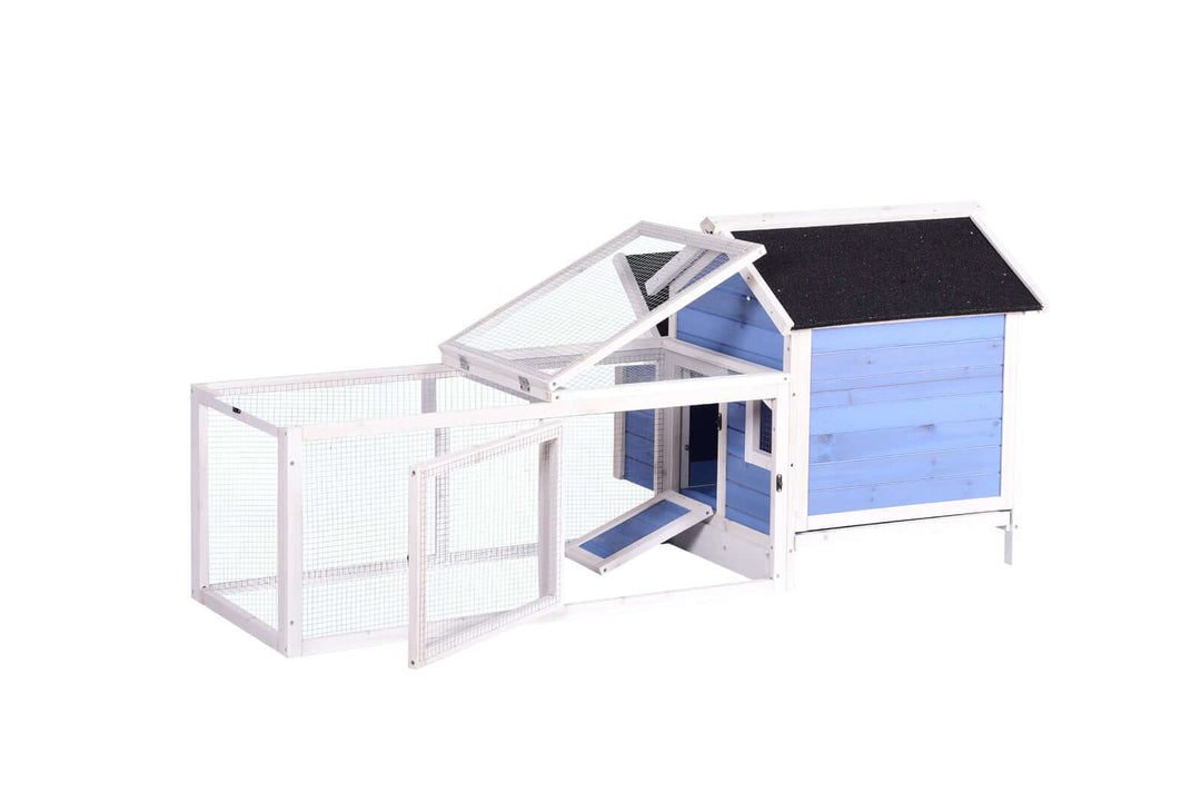 Large blue chicken coop with mesh enclosure, ideal for rabbits, ferrets, and small pets, featuring easy access and cleaning.