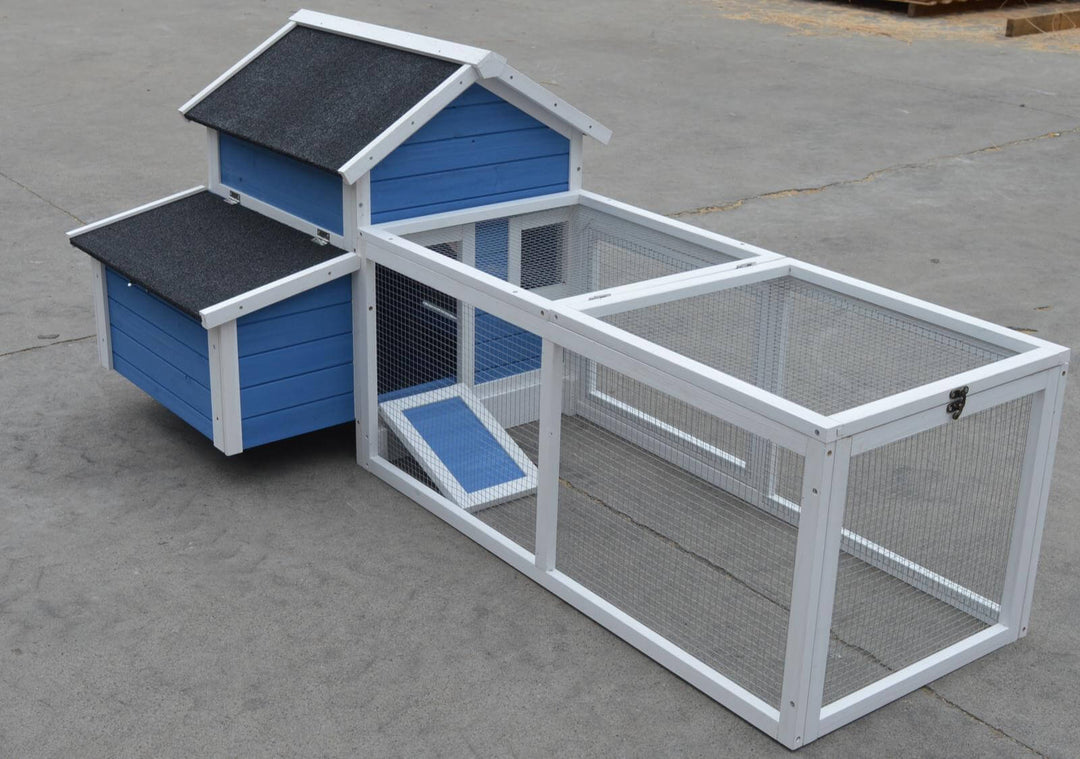 Large blue chicken coop with mesh enclosure, perfect for small animals like chickens and rabbits.