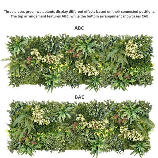 Artificial green wall plants display two arrangements: ABC on top and BAC below, featuring lush foliage and floral accents.