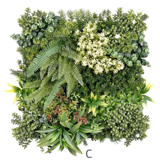 Affordable artificial plant wall panel displaying lush green foliage and diverse textures for DIY vertical gardens.