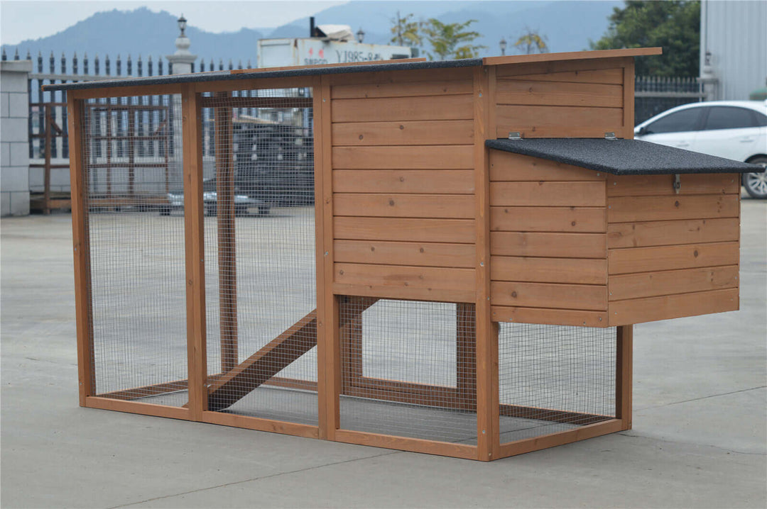 Large chicken coop and rabbit hutch made of natural fir wood, suitable for small pets with a removable nesting box.