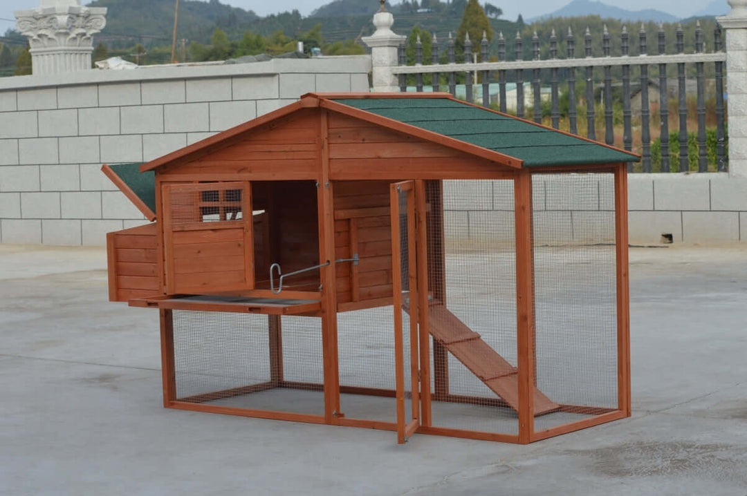 YES4PETS XL Chicken Coop for rabbits, guinea pigs, and hens in natural wood color with green roof.