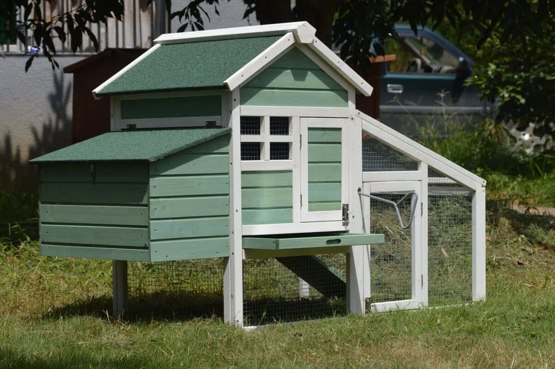 YES4PETS Green Chicken coop with nesting box for 2 chickens or rabbits, ideal for suburban living.