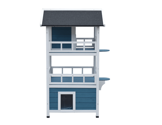 YES4PETS Double Story Cat Shelter Condo in blue and white, featuring an escape door and waterproof roof.