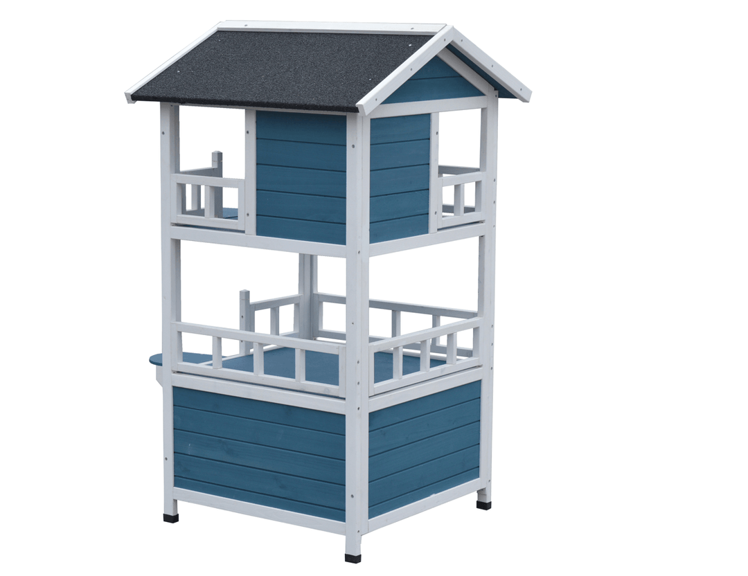 YES4PETS Double Story Cat Shelter Condo in blue and white, rainproof design with escape door, affordable and quality pet house.