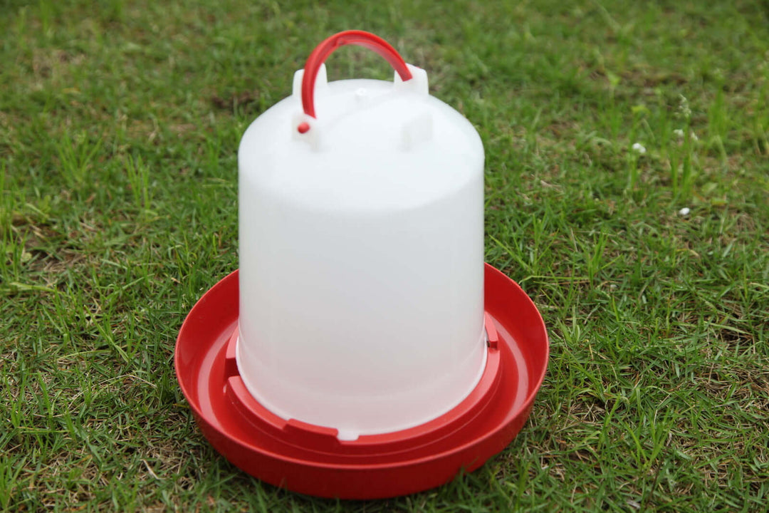 Affordable durable chicken water drinker in white and red, perfect for DIY farm poultry use.